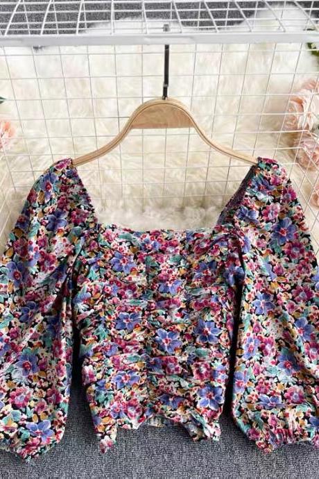 Girl Bubble Sleeve Blouse, Drill Slim Body Short Top, Vintage Floral Top