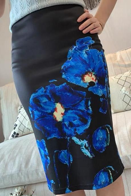 Style, High Fanny Bodycon Print Skirt, Ink Painting Slit Stretch Skirt