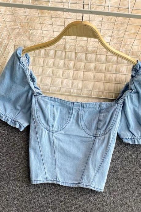 Vintage, Square-necke Denim Shirt With Bubble Sleeves, Summer, Spice Girl Short Shirt