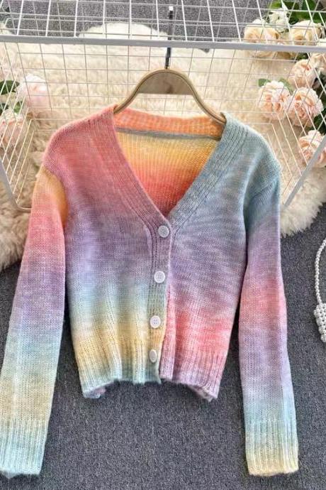 Gentle wind, gradient rainbow sweater, ladies cardigan, overcoat knit top