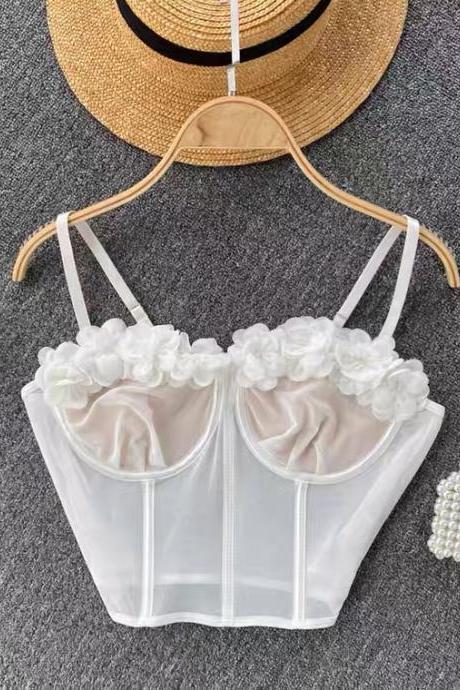 Halter Tank Top, Sexy, V-neck, With Breast Pad, Backless Beauty Back, Three-dimensional Flower Bra