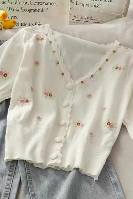 Vintage, sweet wind, embroidered flower cardigan, V neck, sweet all-match short fairy blouse