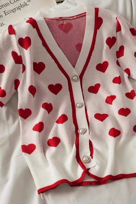 Sweet, heart-shaped print V-neck single-breasted cardigan top, short sleeve knit T-shirt