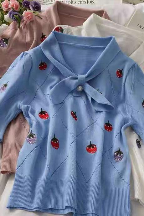 Sweet wind, strawberry embroidered knit T shirt, plaid short sleeve small shirt
