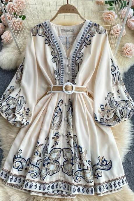Court style dress, goddess dress, temperament, V-neck breasted, short vintage print dress