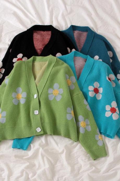 Preppy, floral knit coat, loose, V-neck, spring and autumn cardigan