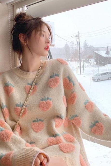 Loose, Sweet, Girl Strawberry Pullover, Lazy, Vintage, Heavy Knitted Sweater