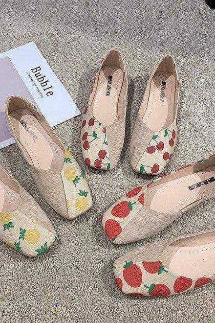 , Shallow Mouth Square Fruit Splicing Beans Shoes, Flat Cute Sweet Women&amp;amp;#039;s Shoes