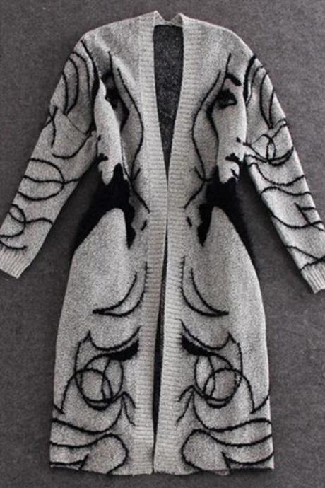 Abstract Pattern, Loose, Bat Sleeve, Heavy Cardigan, Medium Length Sweater Coat