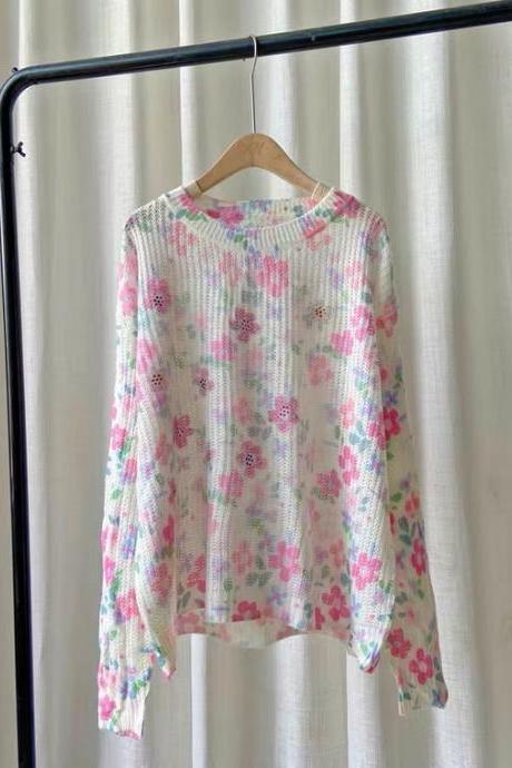 Sweet flower wool sweater, thin, hot diamond craft sweater, small fresh pink hollow out top