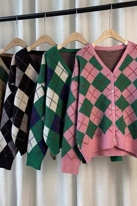 Rhomb, cardigan, V-neck contrast color British style sweater coat, autumn vintage long sleeve knit top
