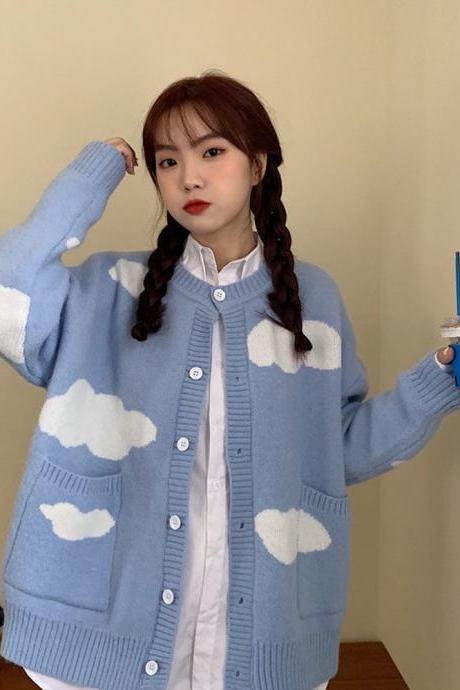 New style, blue sky and white cloud sweater, student loose cardigan
