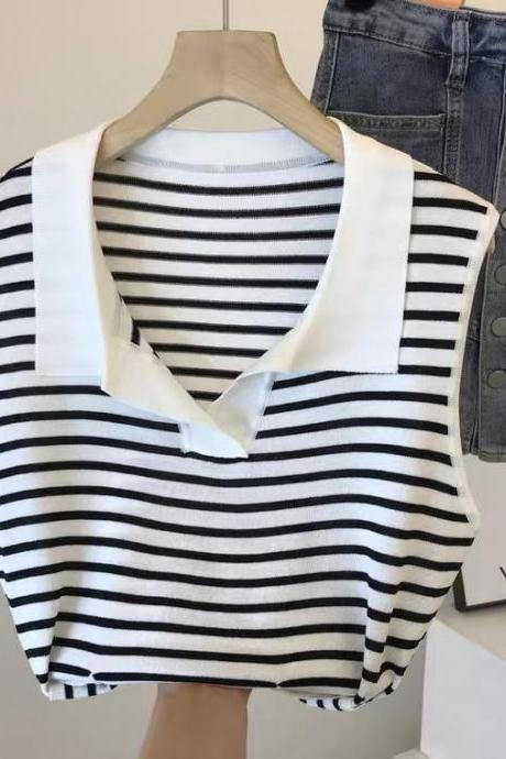 Striped lapel polo shirt, vest, chic, loose ice silk sleeveless thin knit top