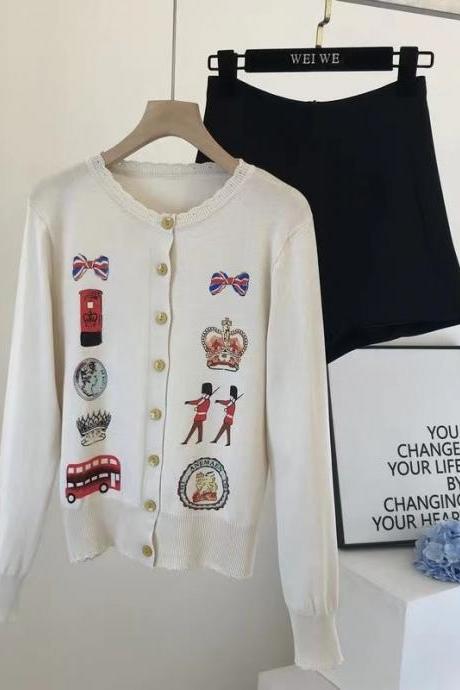 Spring/summer, British Style, Cartoon Style Printed Embroidered Long-sleeved Blouse, Circular Neck Vintage Cardigan