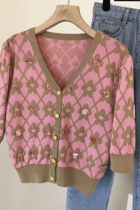 Summer, V Collar Floret Pattern Sequin Cardigan, Sleeve Sweet Wind Ice Silk Cardigan Knitting
