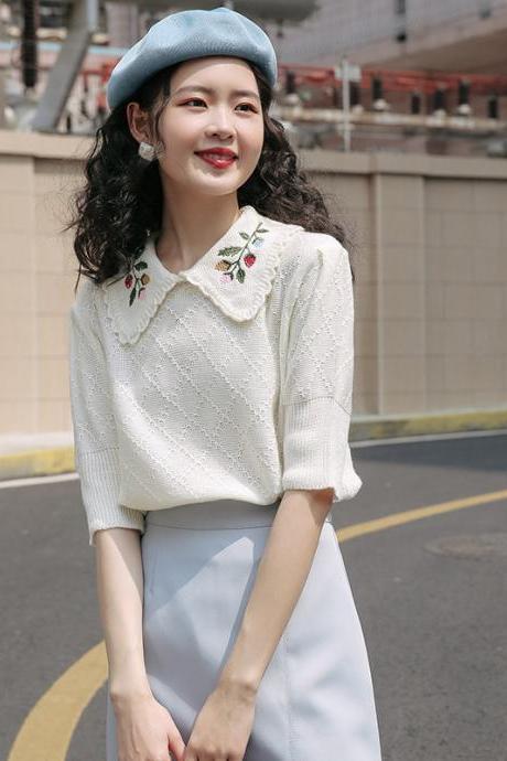 Embroidered Short Knit, Baby Neck, Thin Pullover Shirt With Short Sleeves
