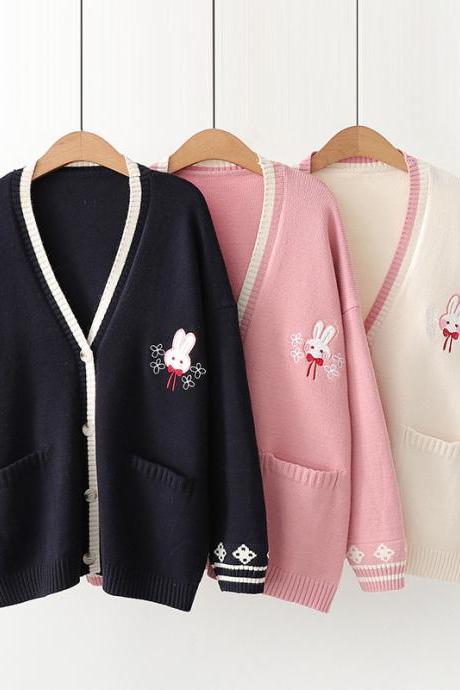 Autumn, , Versatile, Loose, Patchwork, Cute Rabbit Embroidery Cardigans, Sweater Tops