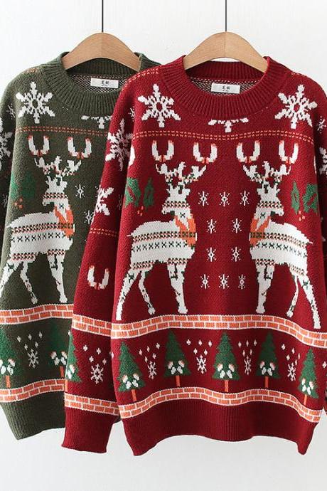 Christmas snowflake deer jacquard knit, fall/winter round neck loose bottom sweater, pullover sweater