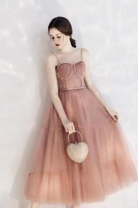 Socialite prom dresses, pink party dresses, fairy stpaghetti strap bridesmaid dresses,Custom Made