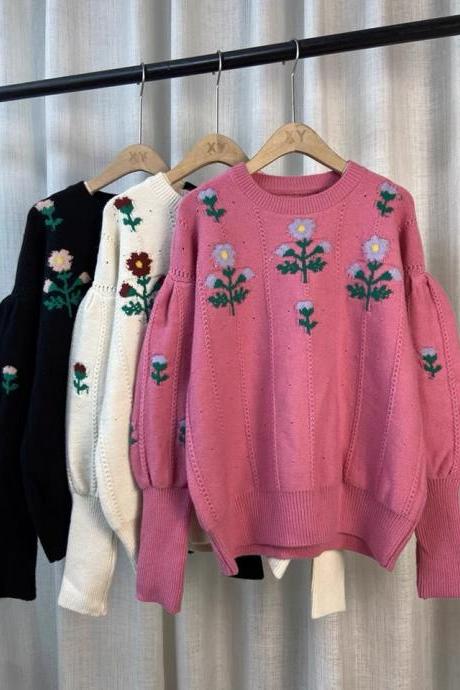 Temperament Flower Sweater, Vintage, Jacquard Lantern Sleeve Jumper, Fall Outerwear Top