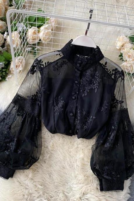 Vintage,tulle Lace Blouse, Stand Collar Three-dimensional Embroidery, Bubble Sleeve Slim Shirt