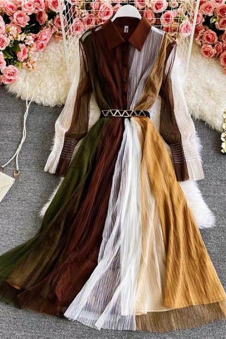 Contrast color Mosaic tulle dress, lantern sleeves, goddess, temperament,POLO collar ,waist big swing dress