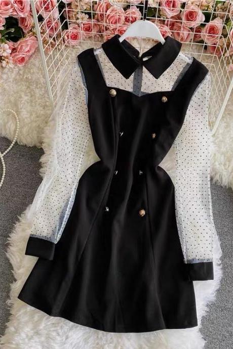 Vintage, Hepburn Style ,little Black Dress, Tulle Patchwork Long Sleeve A-line Dress