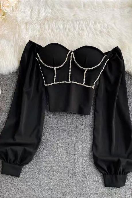 Courtly, sexy, rhinestone, socialite blouse, square collar blouse