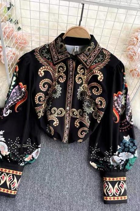 Vintage, Tian Totem Print, Lantern Sleeve, Lapel, Palace Style All-match Shirt
