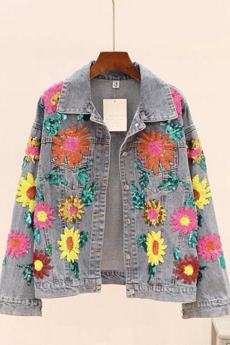 Heavy industries, sequined little sunflower denim jackets, loose jacket tops