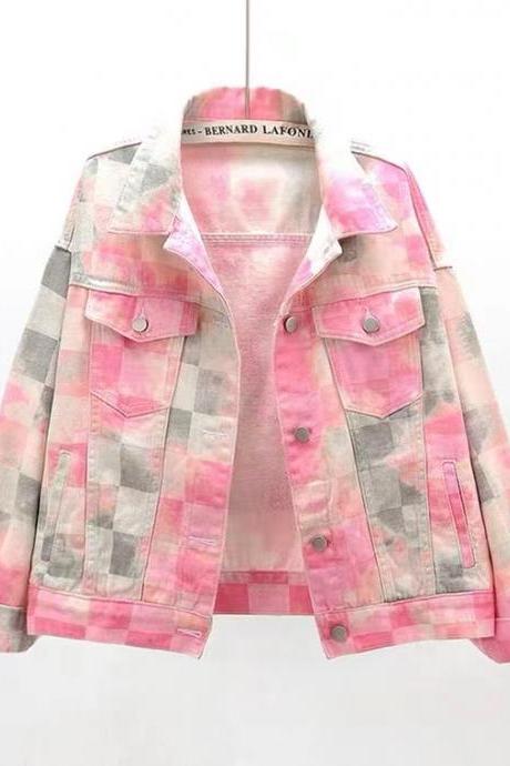 Versatile, tie-dye print color denim coat, short loose BF jacket