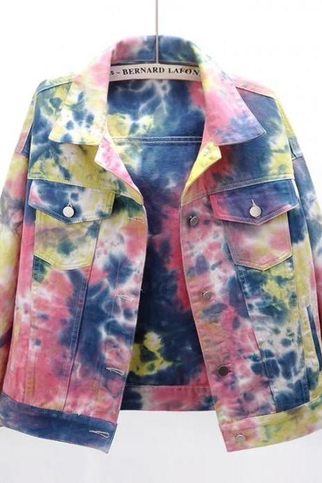 Ink printing tie-dye color short jeans coat, loose BF all-match jacket