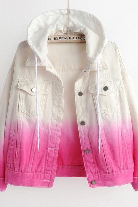 Color gradient hooded denim jacket, short bf jacket student jacket
