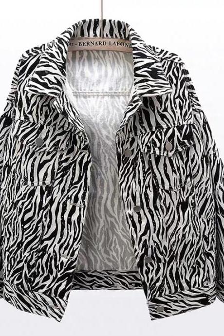 Zebra-print denim jacket, loose and versatile vintage jacket