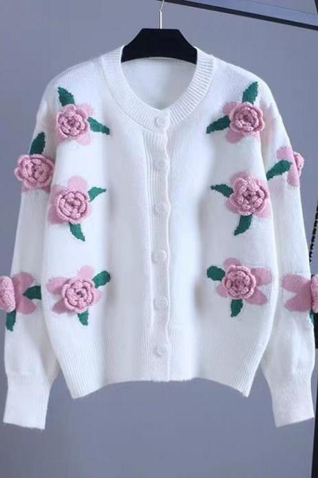 Autumn, Crew-neck Cardigan, Heavy Three-dimensional Embroidery Flower Sweater Coat