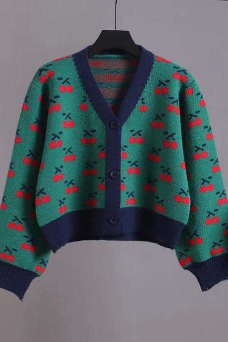 V-neck short knit jacket, cherry jacquard cardigan
