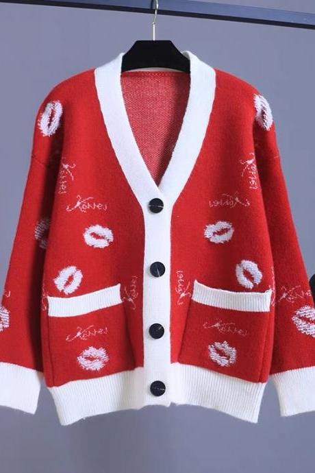 Contrast color sweater coat Cardigan, loose, V-neck, lip knit top