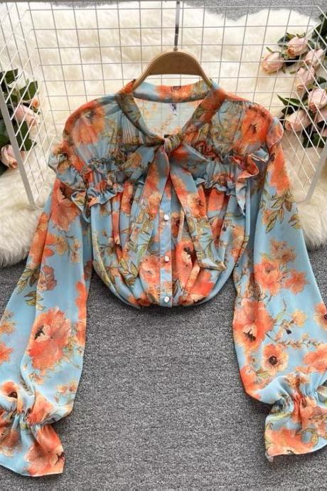 Vintage Floral Chiffon Shirt With Long Sleeves, Lazy, Sweet, Tie-dye Puffed Sleeve Print Top