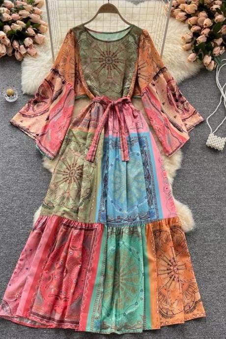 Bohemian dress, patchwork print slim long vintage holiday dress