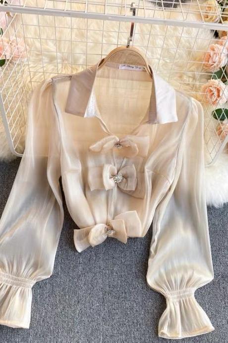 See-through Top, Lapel Puffed Sleeves, Bow Buttons, Chiffon Shirt