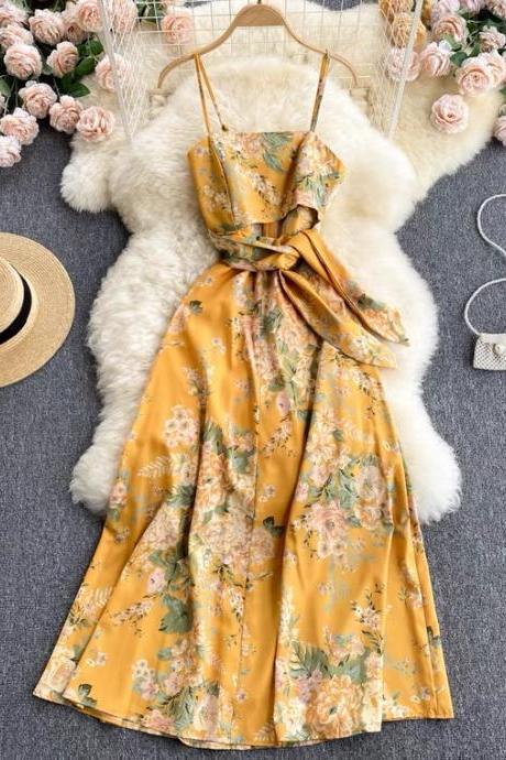 Yellow holiday dress, floral dress, goddess , hollow strap waist long dress