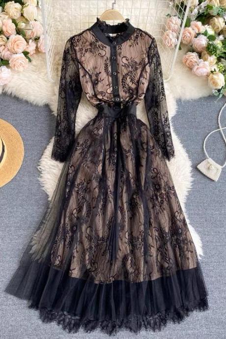 Vintage, Socialite, Lace Round Collar Long Sleeve Mesh Hollow Hook Flower Light Luxury Dress