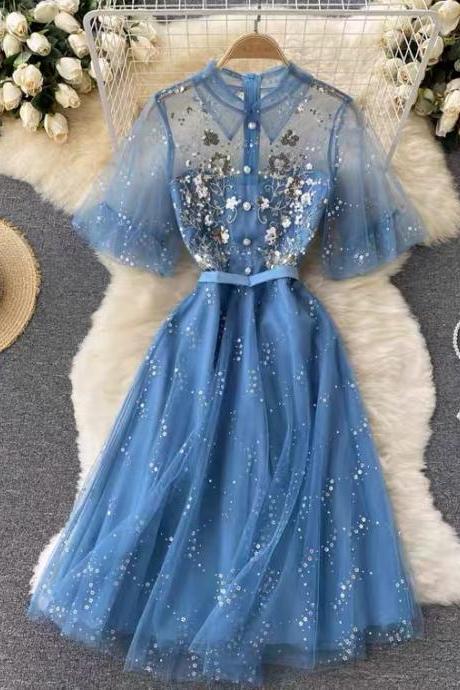 Fairy Dress, Mesh Heavy Industry Sequin Dress, Embroidery Slim Long Dress, Star Printing Court Style Dress