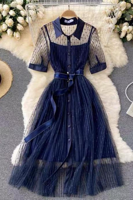 Navy Blue Prom Dress, Temperament Polo Collar Breasted Slim Midi Dress