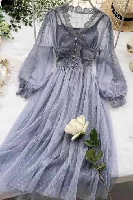 Mesh Dress,chic Gentle Wind Dress, Fairy Sweet Long Temperament Dress