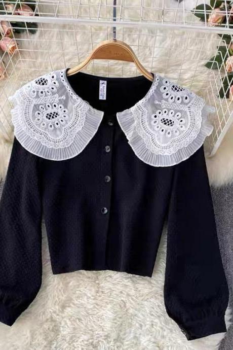 Autumn, Vintage, Lace Baby Collar Long Sleeve Knit Top, Sweet, Artistic, Short Cardigan