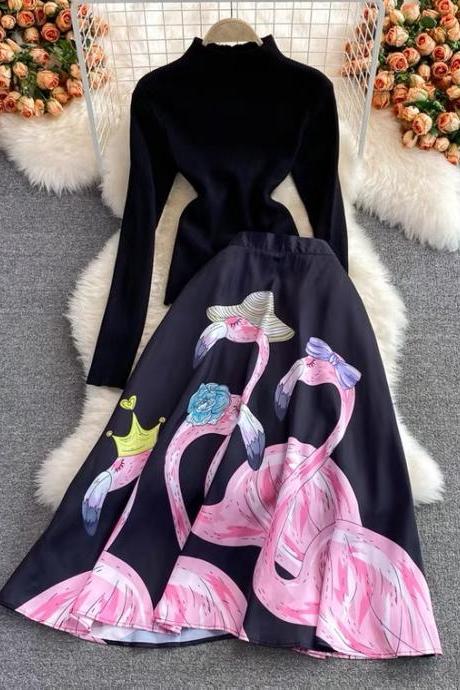 Slim Knit Top, High Waist Printed Full Skirt, Two Sets