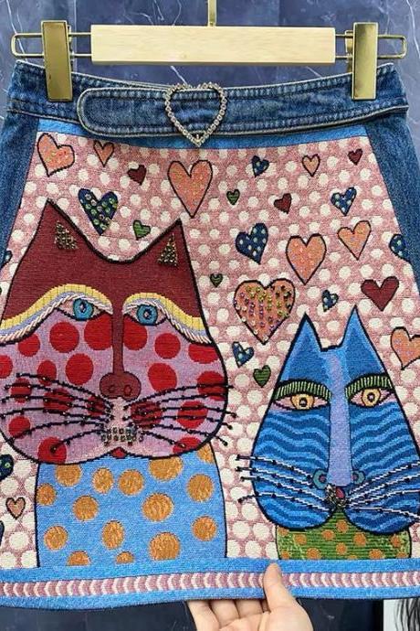 Art illustration cat head embroidery, heavy bead belt denim skirt