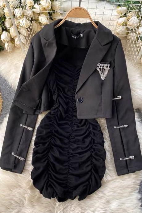 Street-fried Suit, Women's Blazer Short Style, Drape Slim Halter Dress, Two Pieces