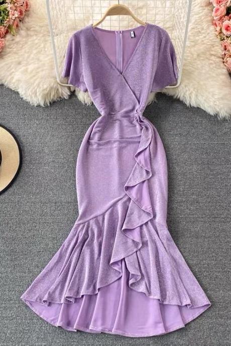 V-neck Silk Flounces Dress, Goddess Style, High Waist, Hip Wrap Mermaid Dress